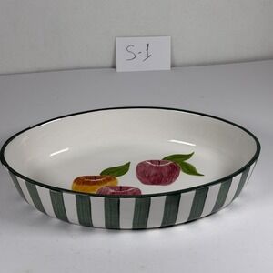 Laurie Gates Apple Serving Dish Oval Green Striped Ceramic S-1